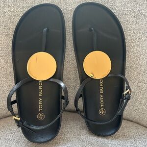 Tory Burch Patos Black Sandals with Gold Logo Disk. Size 8